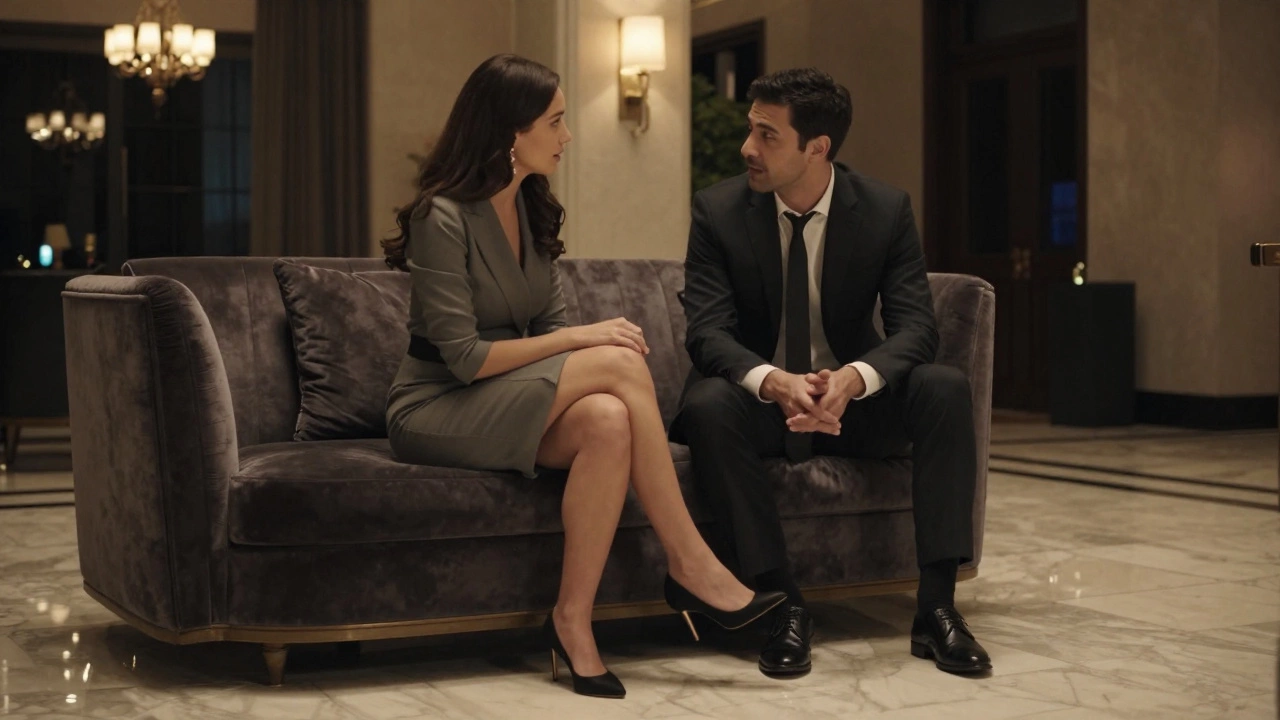 A woman and man having a quiet, heartfelt conversation in a luxury hotel lobby at night.