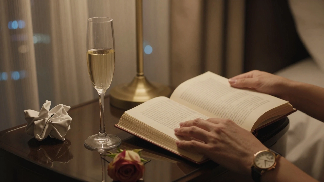 Hands resting on a hotel bedside table with champagne and an open book, city lights glowing outside.