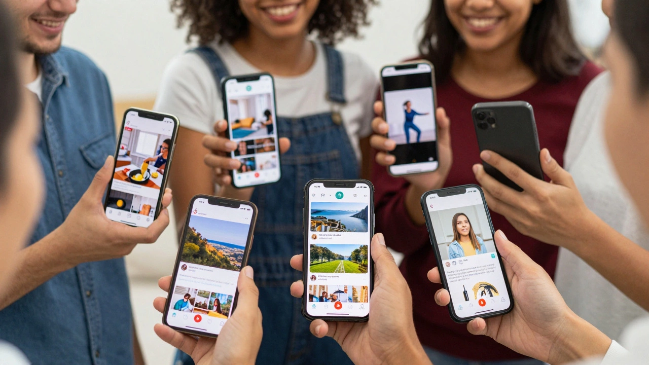 People holding phones displaying different video platforms with unique thumbnails.