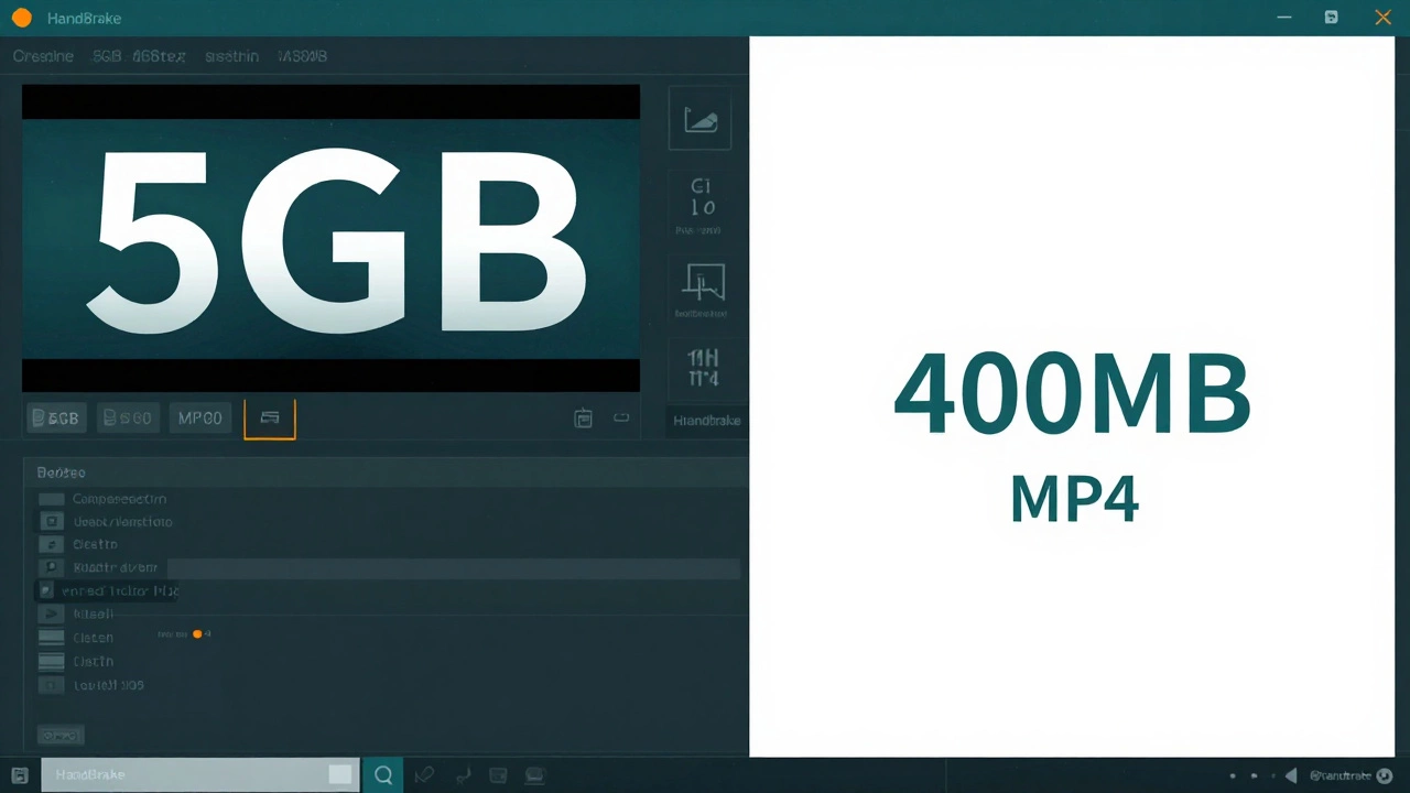 Split-screen comparison of large video file being compressed to smaller MP4 size.